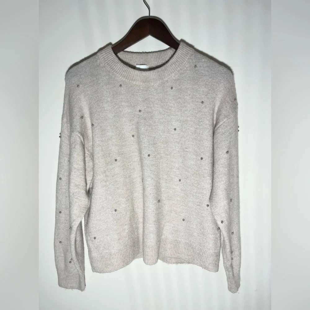 H&M‎ Neutral Knitted Crewneck Sweater Beaded Embellishments | Small